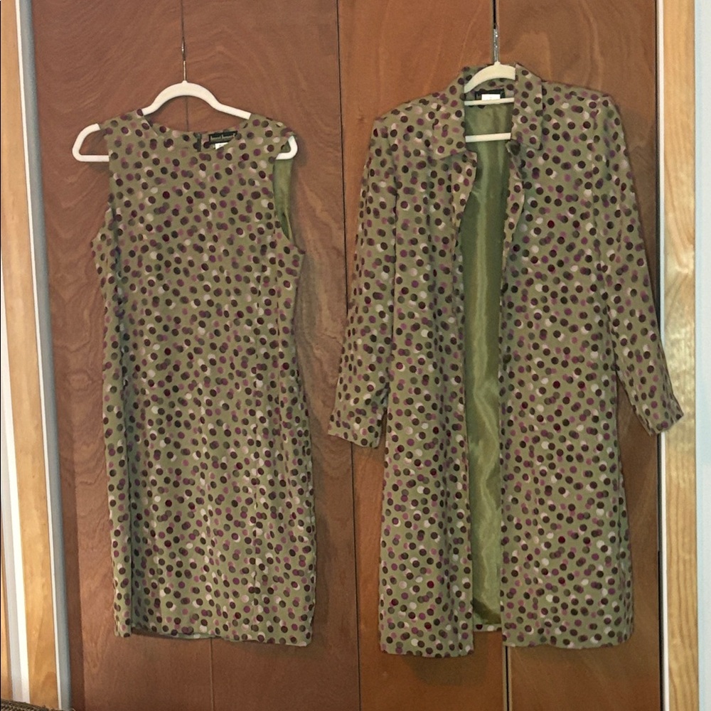 Vintage Harve Benard Olive and PurplePolka Dot Coat and Dress Set Size 12